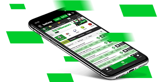 Hand holding a mobile phone displaying the Betway app